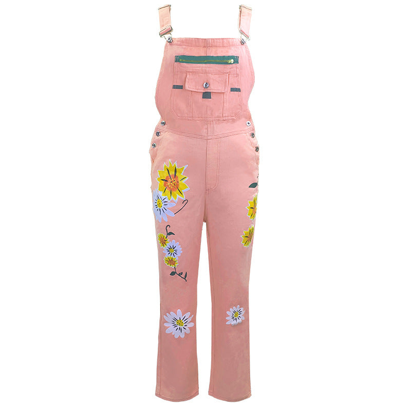 Women's Slouchy Printed Suspenders Denim Suspender Jeans