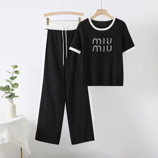 Fashion Rhinestone Letter Crew Neck Short-sleeved Knitted Trousers Suits