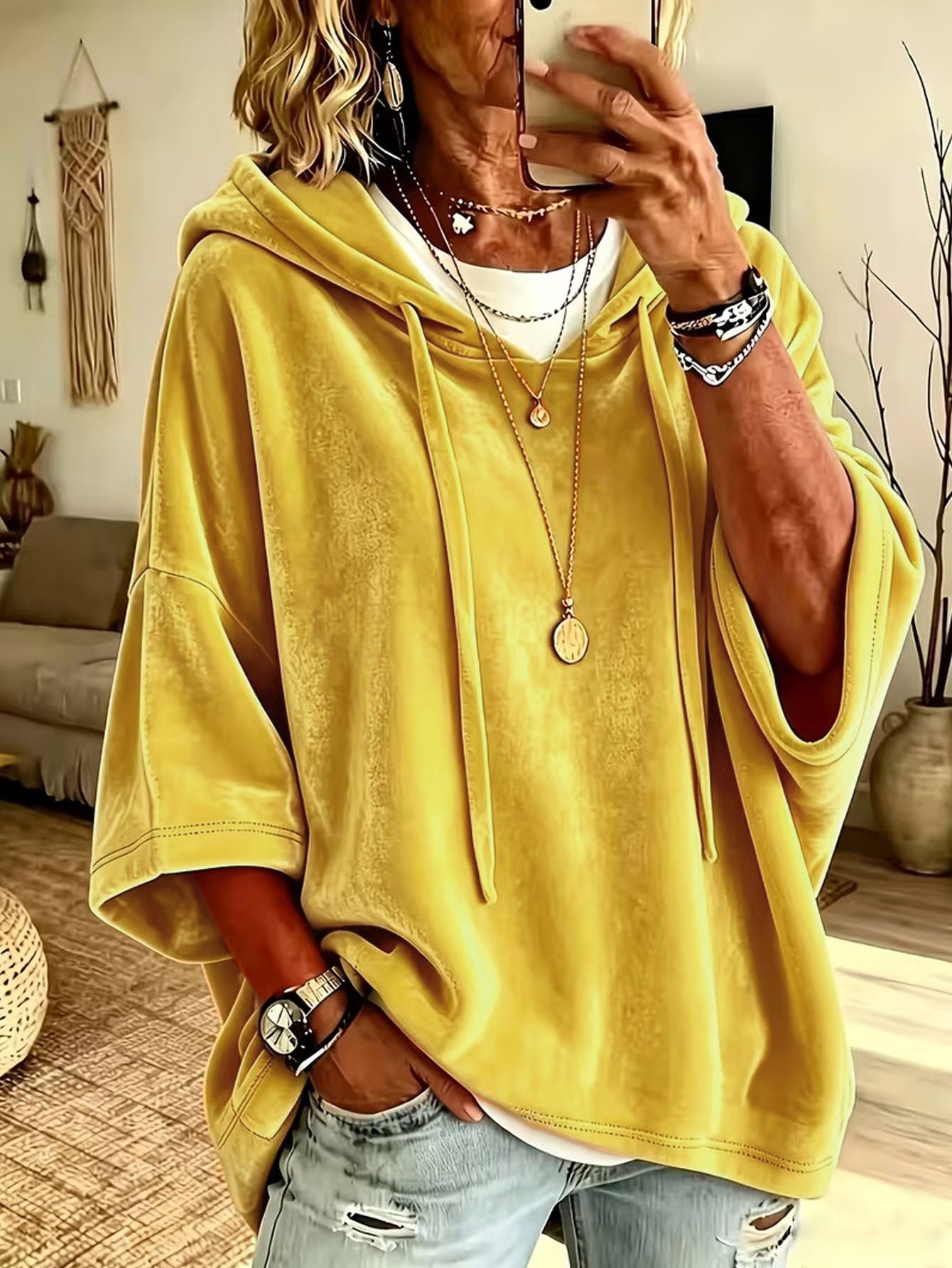 Women's Solid Color Casual Gold Veet Hooded Tops