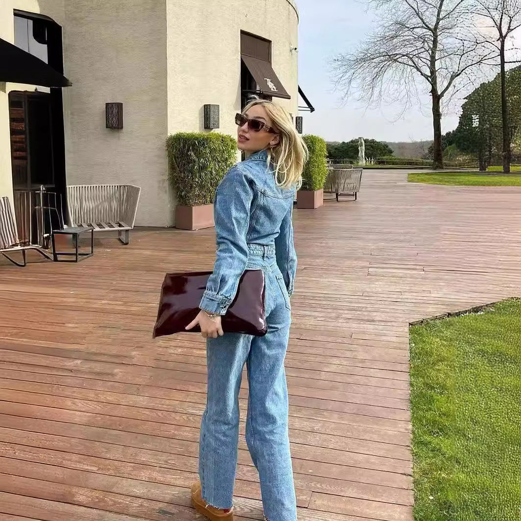 Women's Collar Pocket Decorative Waist Denim Trousers Pants