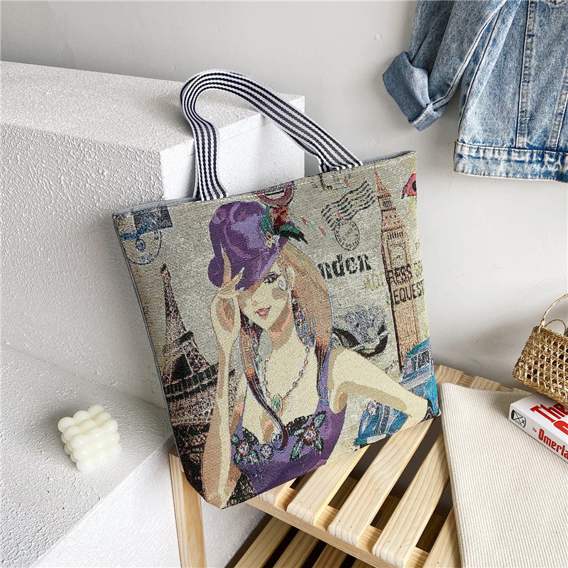 Fashionable Ethnic Style Shopping Cartoon Linen Shoulder Bags