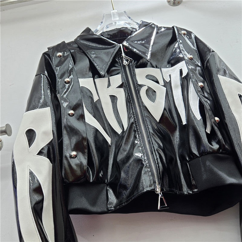 Women's Unique Patent Leather Letter Embroidery Hot Jackets