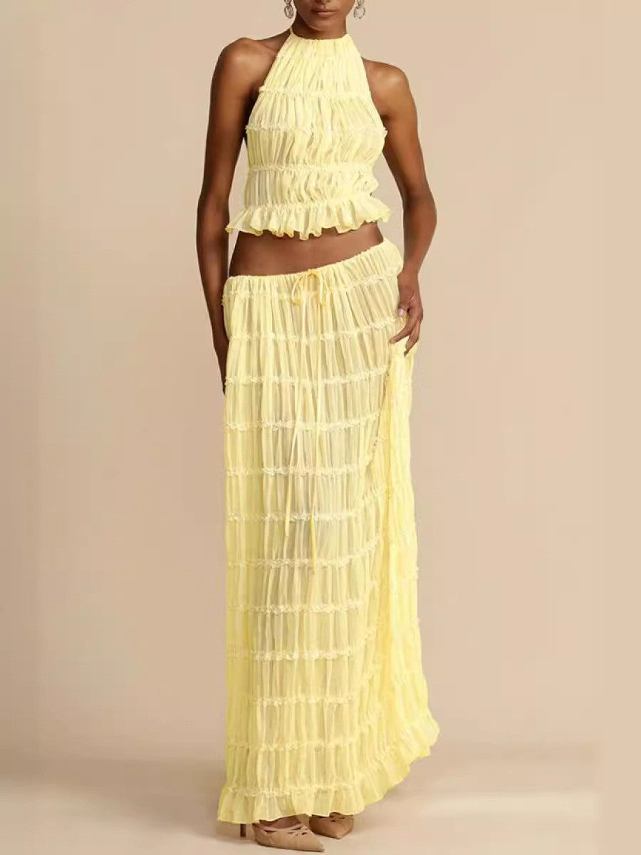Strap Drawstring Chiffon Pleated Dress Two-piece Dresses