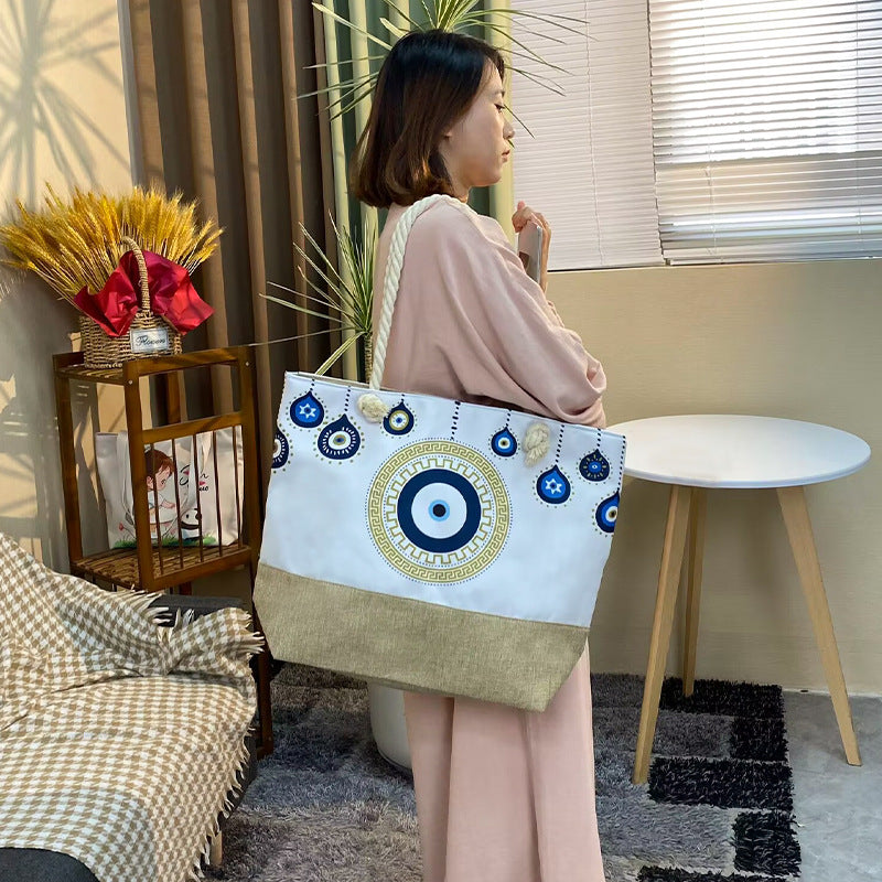 Women's Beach Thick Rope Shopping Evil Eye Stitching Bags