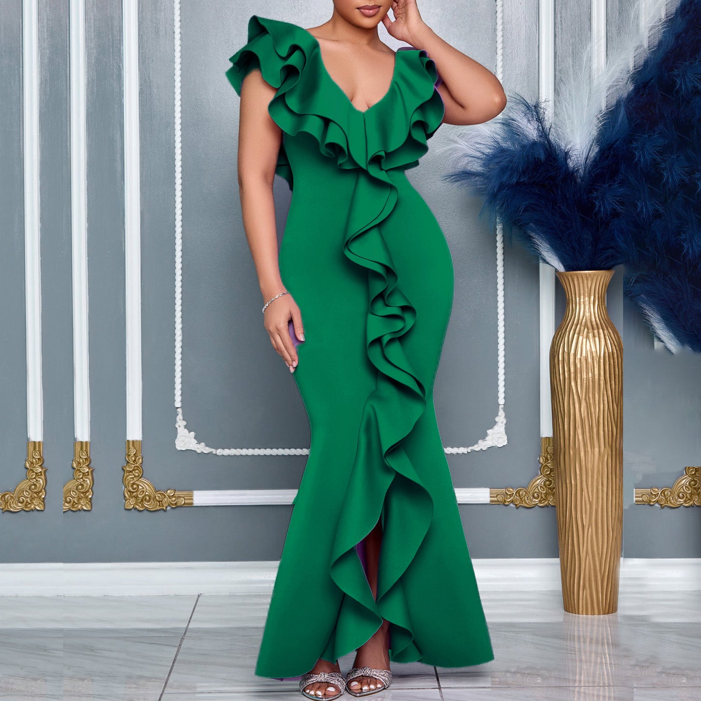 Women's Fashion Wear Summer Dress Solid Color Ruffled Dresses