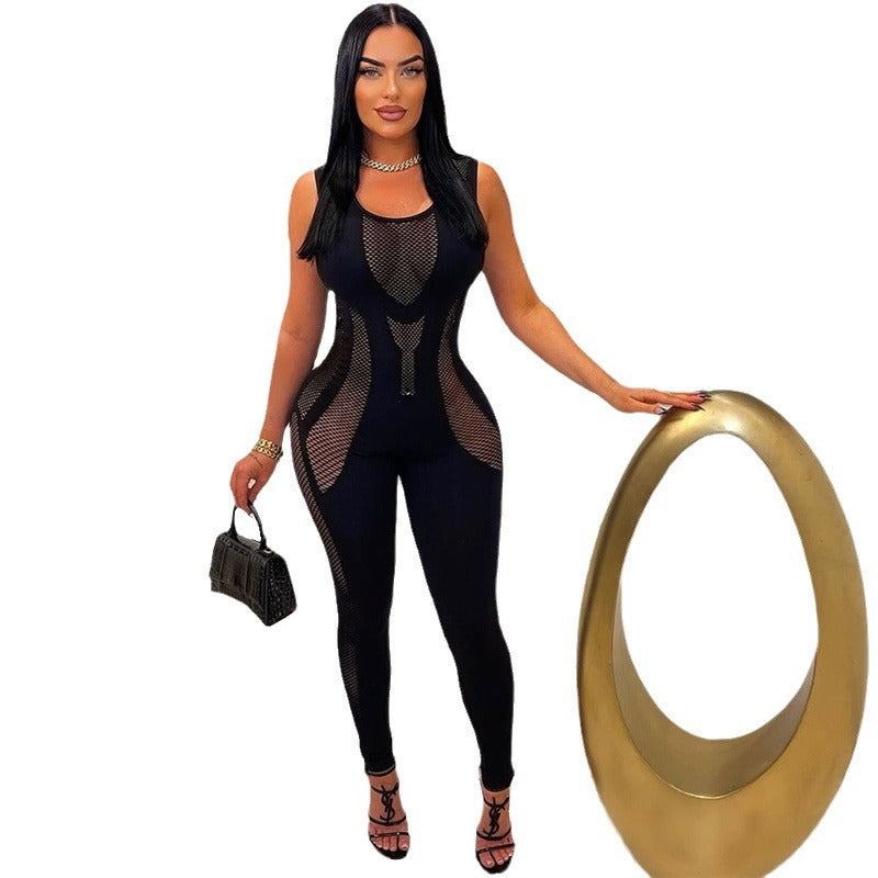 Women's Sexy Cutout Knitted Crocheted Sleeveless High Waist Women's Jumpsuit/clothing