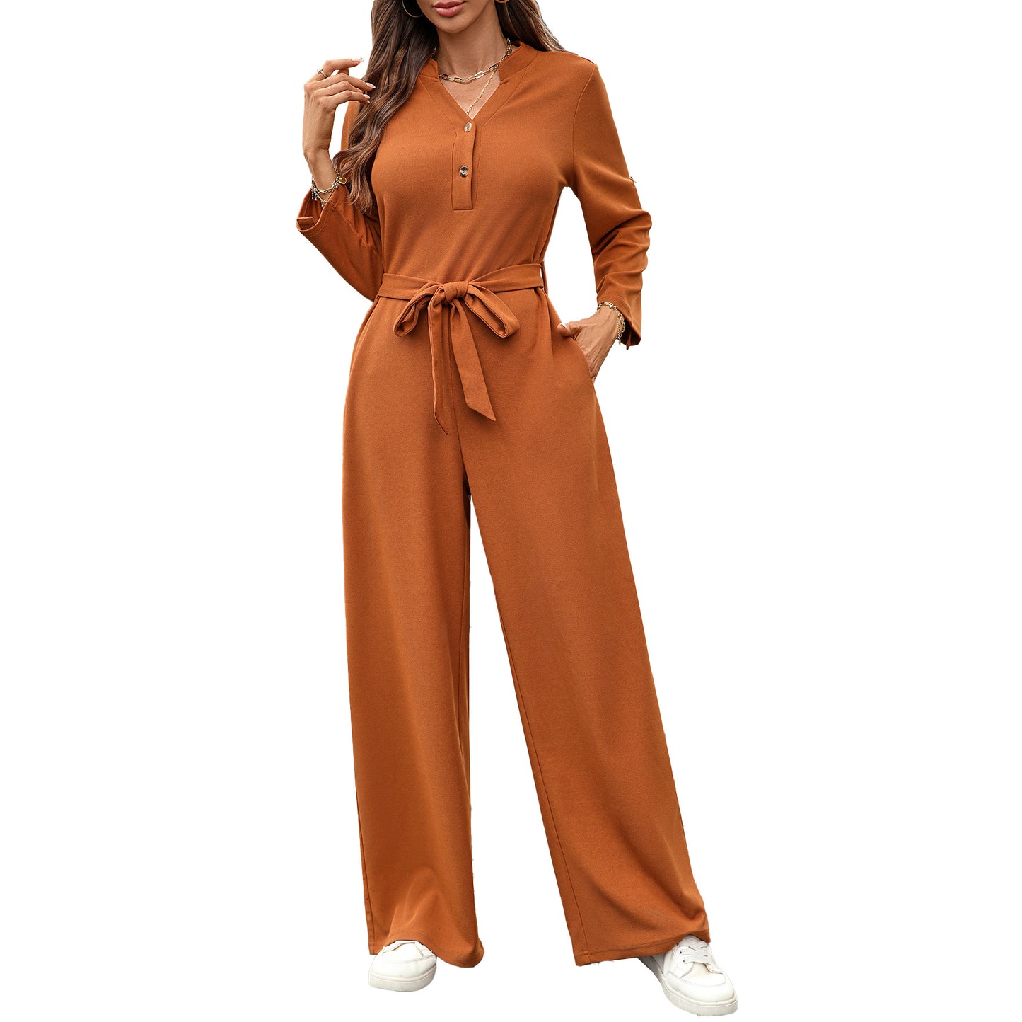 Solid Color High Waist Button Long Sleeve Women's Jumpsuit/clothing