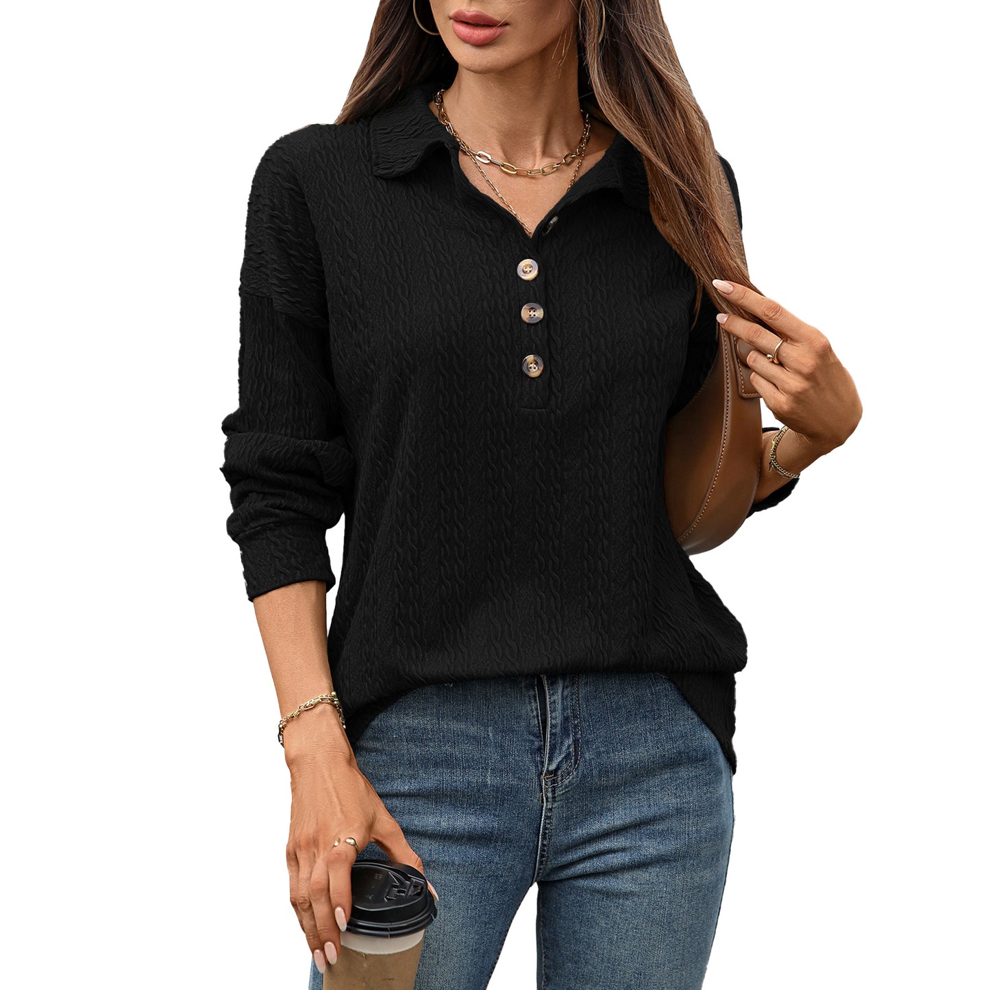 Women's Solid Color Polo Collar Button Loose Long Sleeve Women's Sweater, Sweater