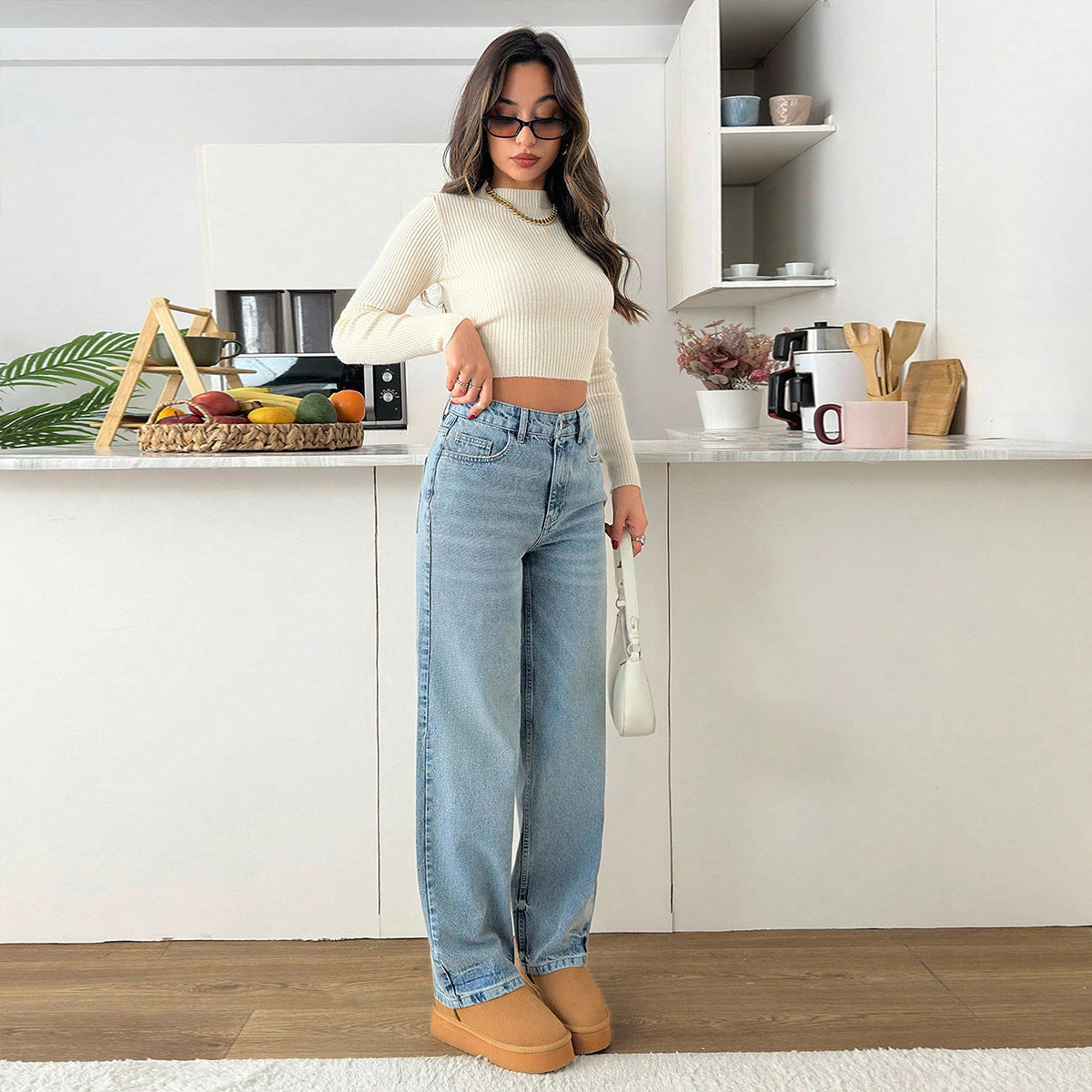 Women's Retro Washed High Waist Stretch Belt Pocket Women's Jeans