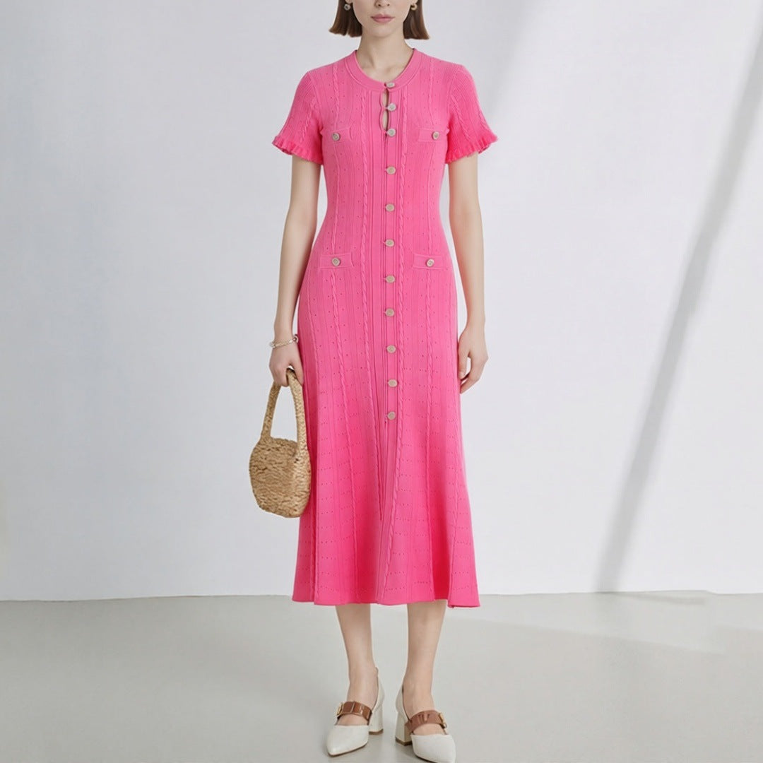 Women's High Quality French Style Temperament Sleeve Hollow Thread Single-breasted Dress