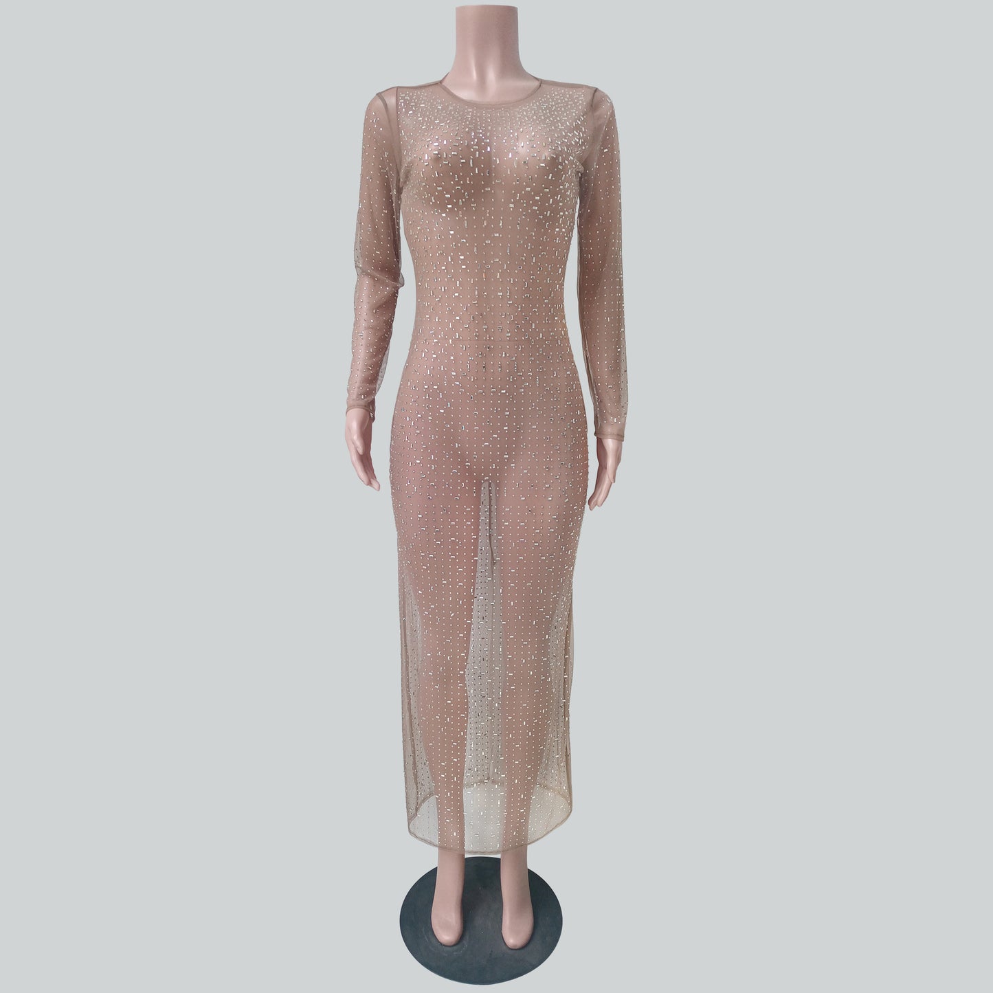Fashion Sexy Rhinestone Mesh Long Sleeve Dresses
