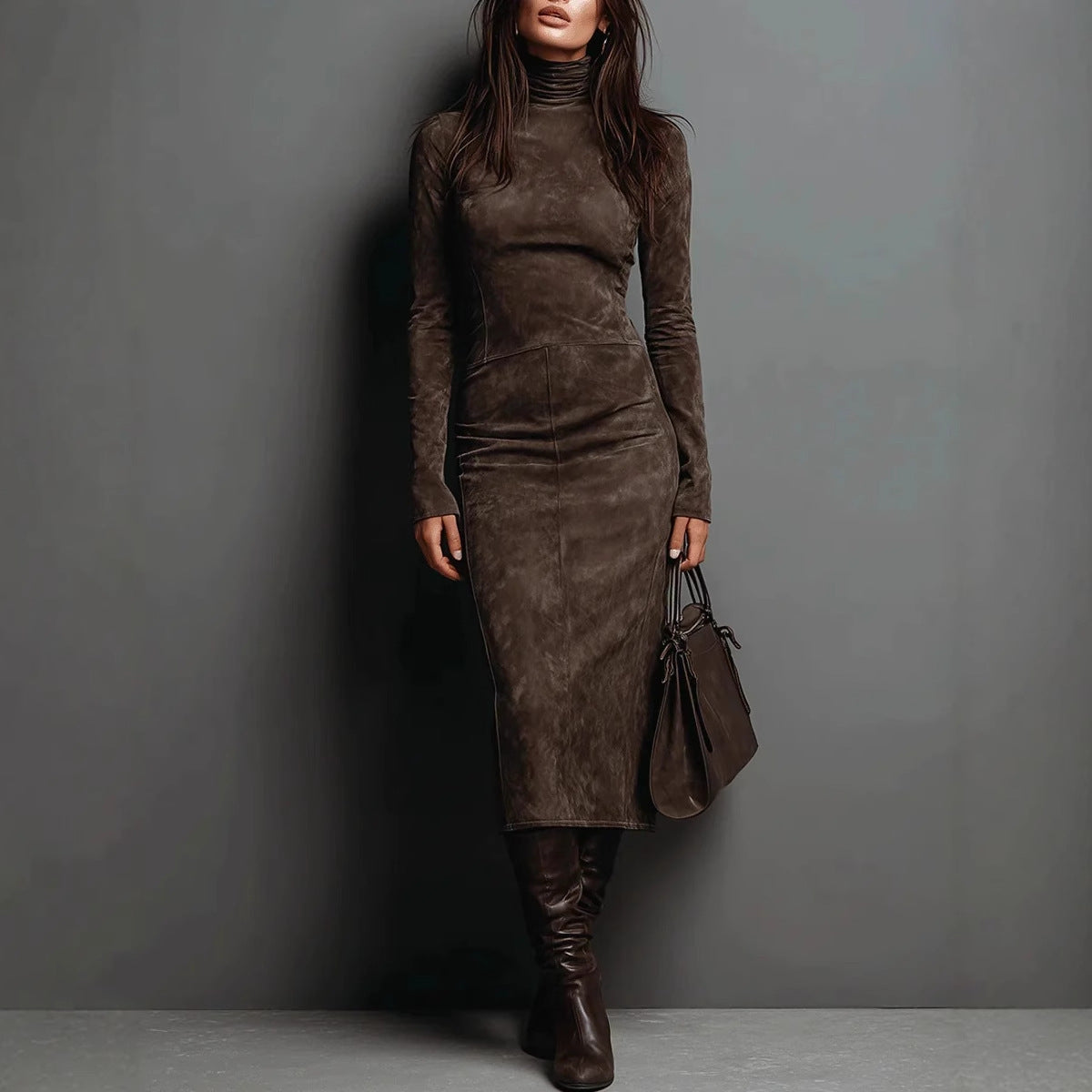 Autumn Retro Turtleneck Long Dress Solid Dresses