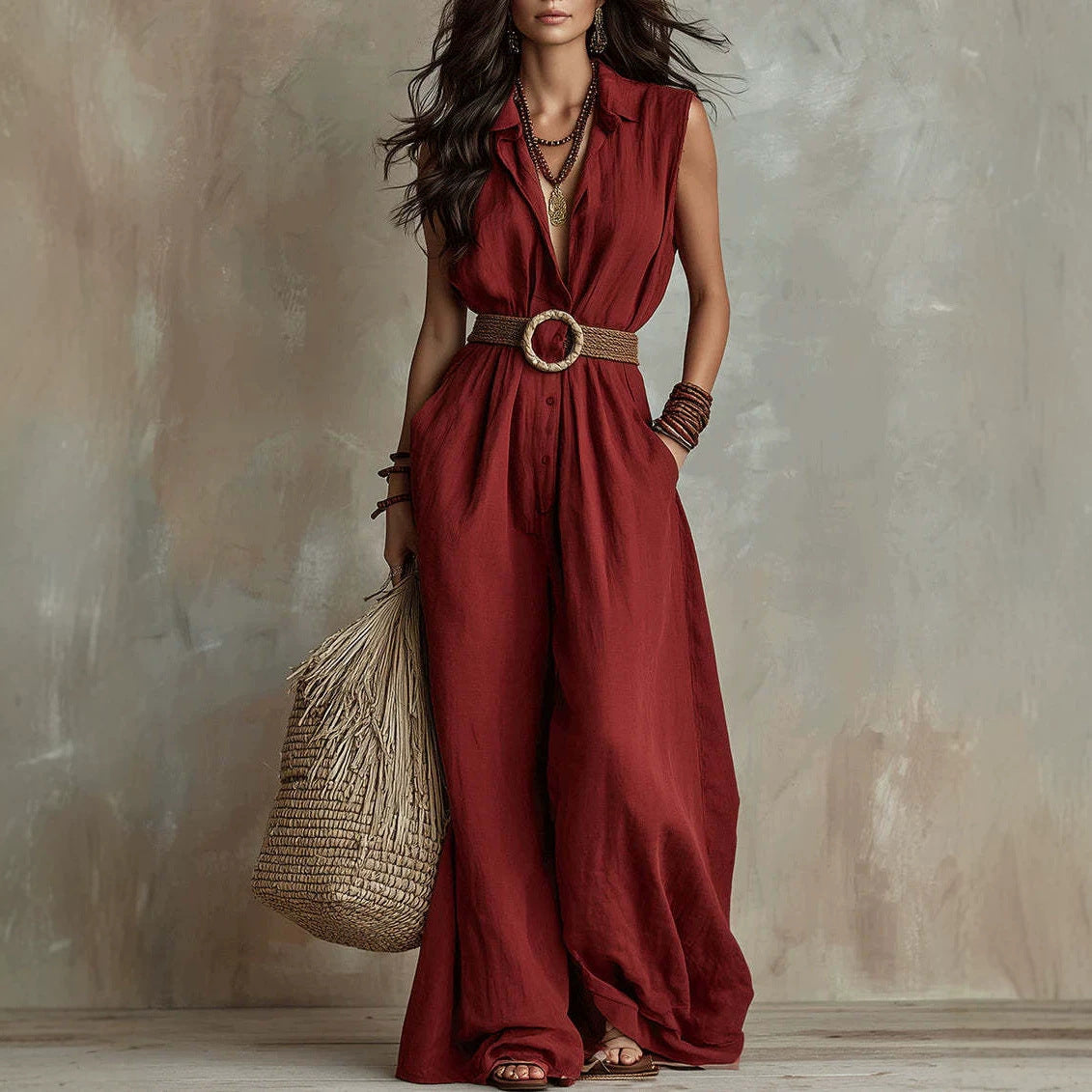 Women's Vacation Style Sleeveless Lapel Waist Tight Slimming Wide Leg Casual Women's Jumpsuit/clothing