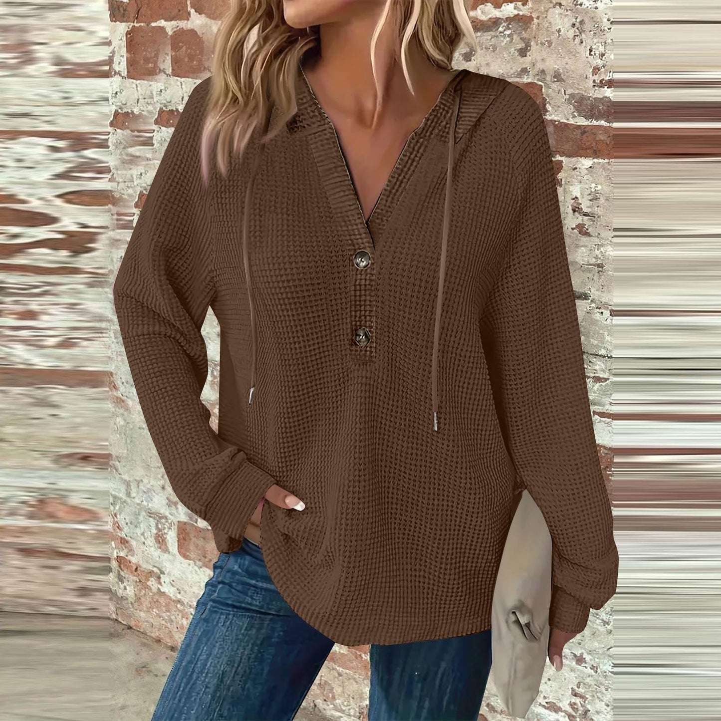 Women's Hoodie Waffle Knit Drawstring Button Long Sleeve Pullover Leisure Sweaters