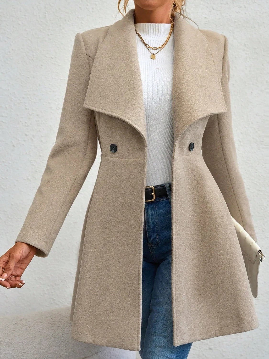 Women's Woolen Solid Color Polo Collar Double-breasted Coats