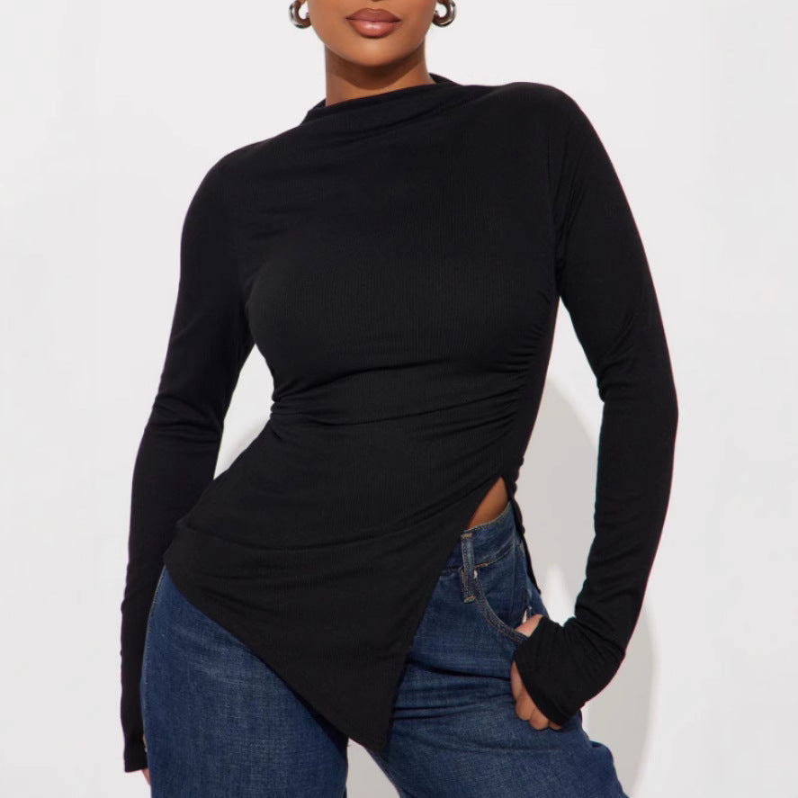 Irregular Split Long Sleeve Half Turtleneck Slim Fit Pullover Bottoming Women's T-shirt