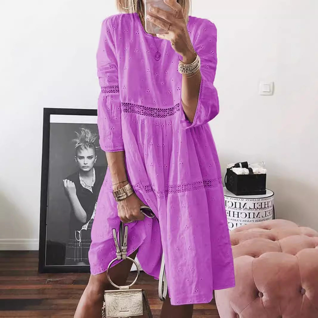 Women's Lace Stitching Hollow Embroidered Sleeve Dress Dresses