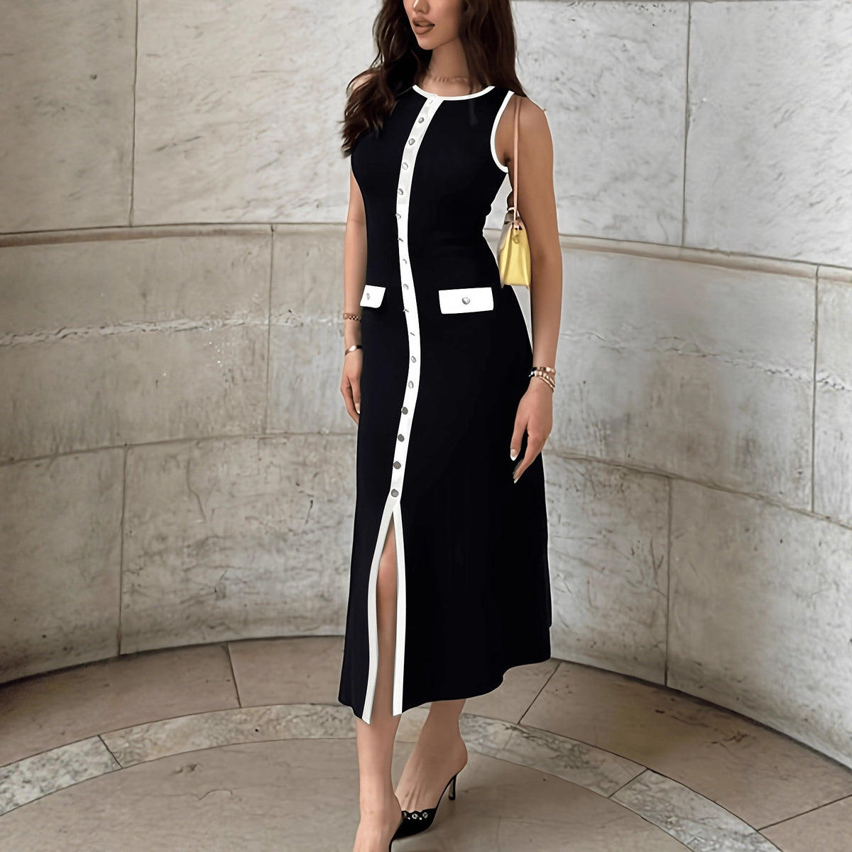 Women's Elegant Knitted Rib Round Neck Sleeveless Button Slim Dress