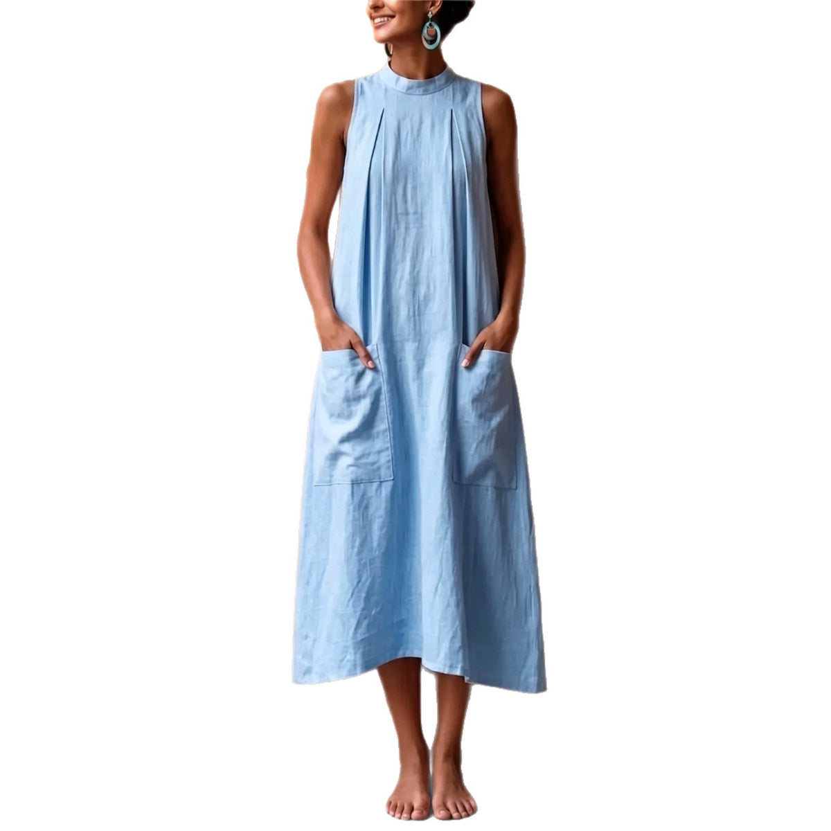 Women's Solid Color Sleeveless Stand Collar Loose With Dress