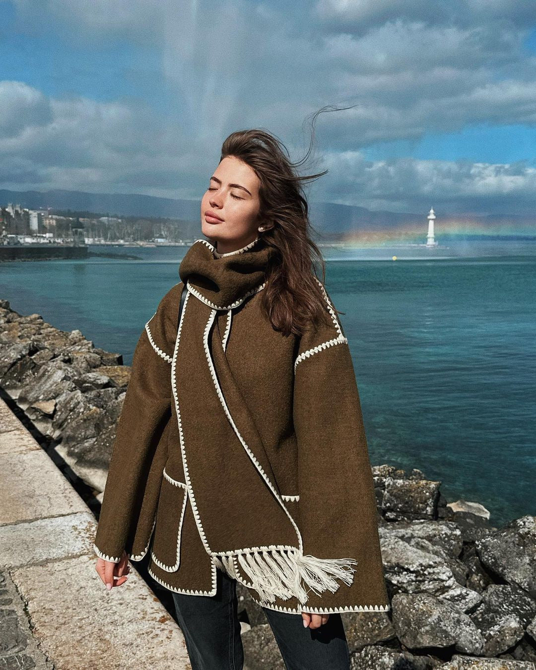 Women's Fashion Woolen Thick Loose With Scarf Coats