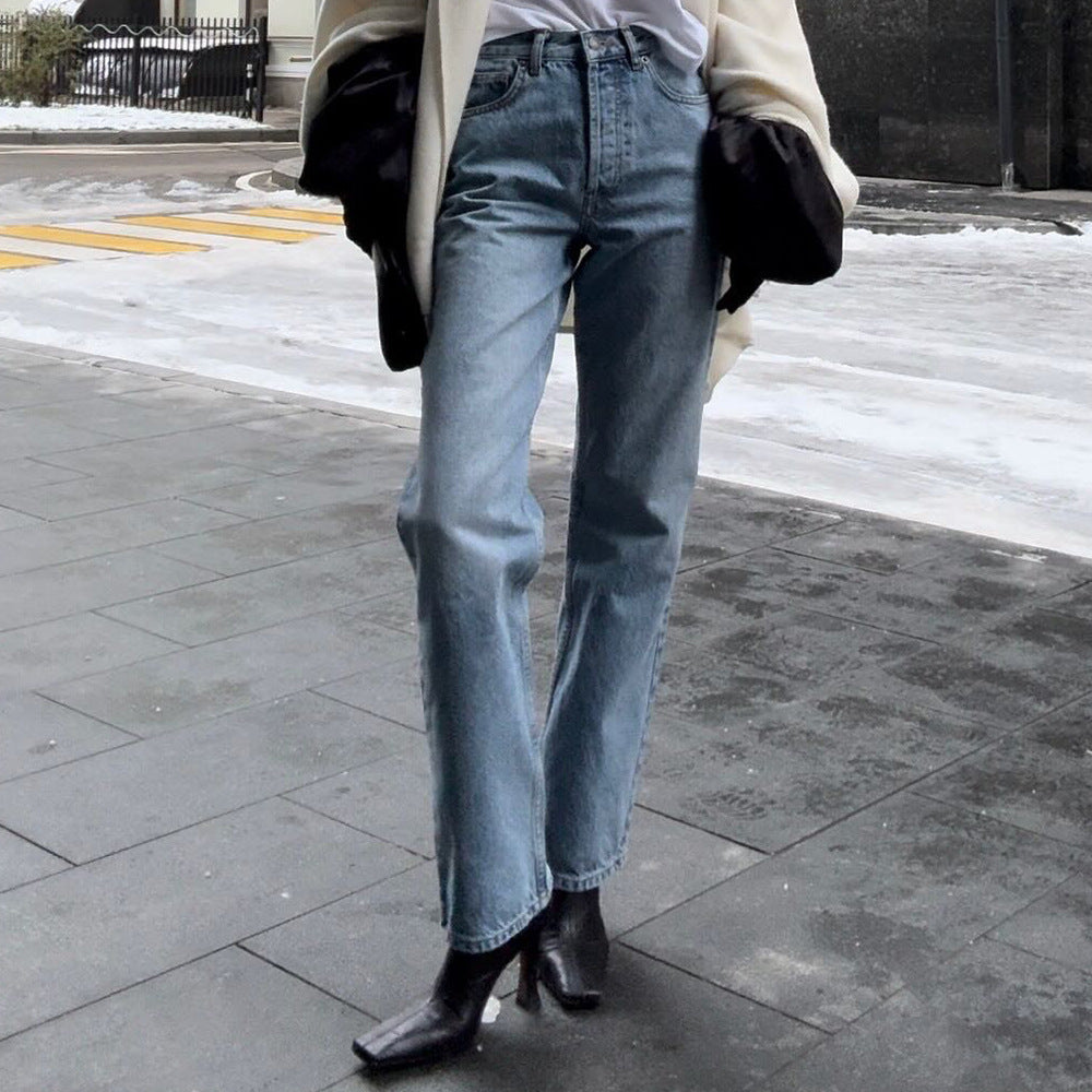 Women's Retro High Waist Straight Temperament Wild Cotton Jeans