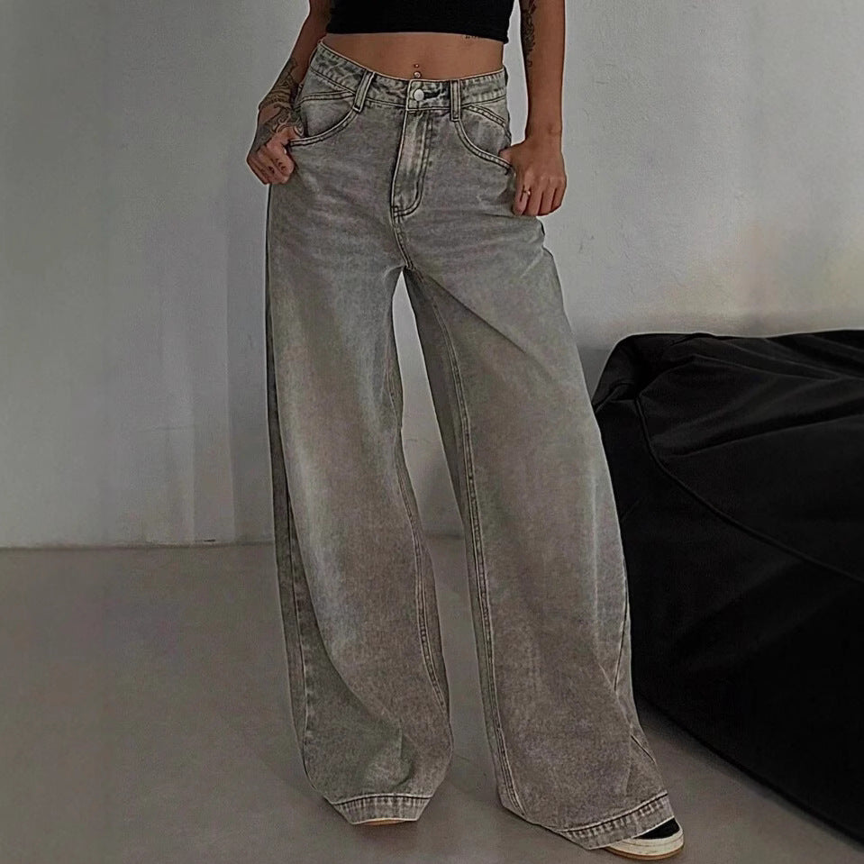 Women's American Retro Draping High Waist Wide Leg Loose Women's Jeans