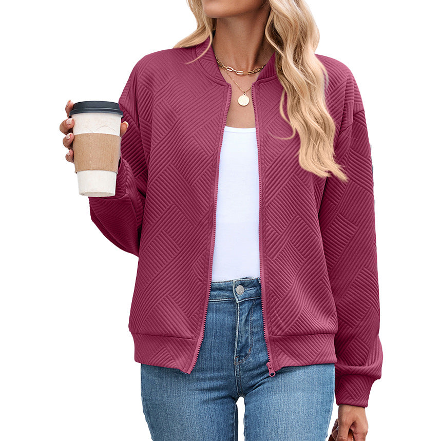 Solid Color Round Neck Loose Zip Long Sleeve Uniform