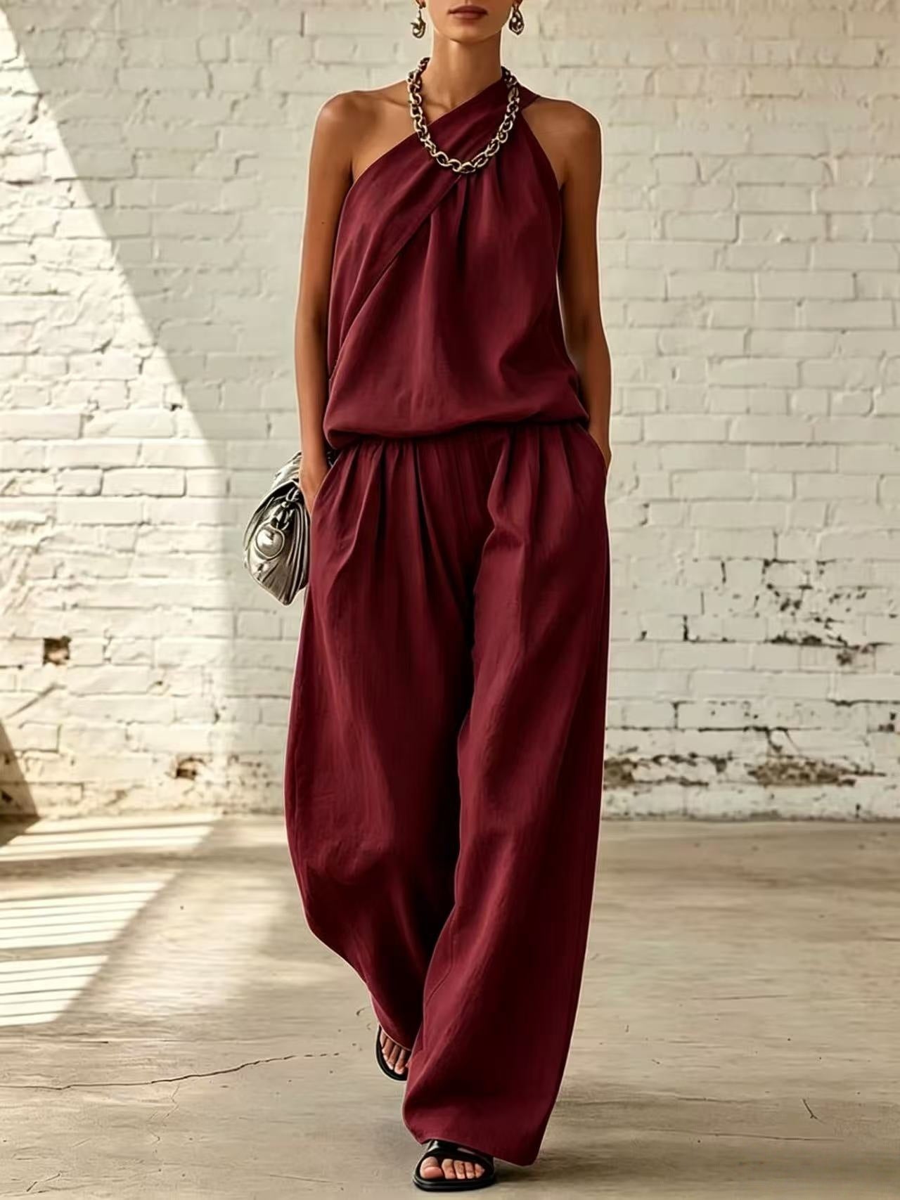 Linen Sleeveless Cold-shoulder Solid Color Wide Fashion Casual Suit
