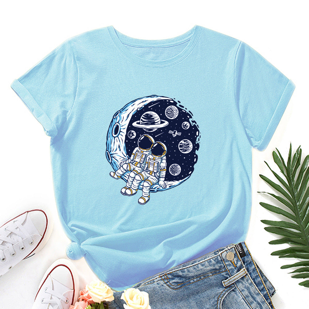 Women's Cotton Loose Round Neck Sleeve Moon Women's T-shirt