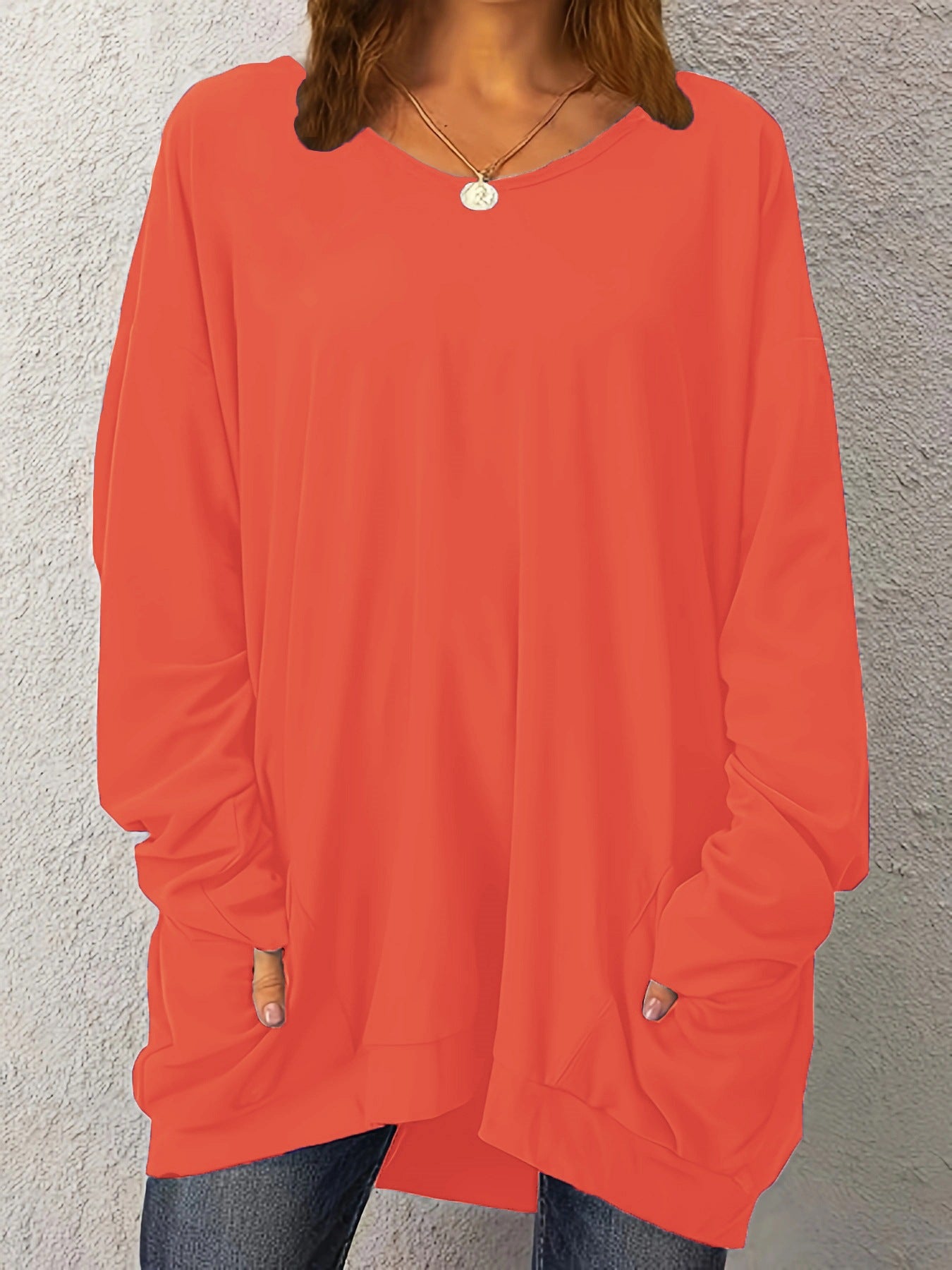 Women's Pullover Long-sleeved Double Pocket Solid Color Tops