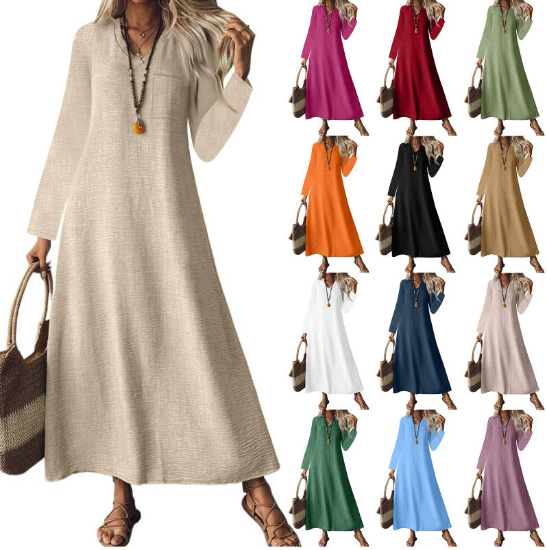 Summer Back Zipper Cotton Linen Solid Color Dress