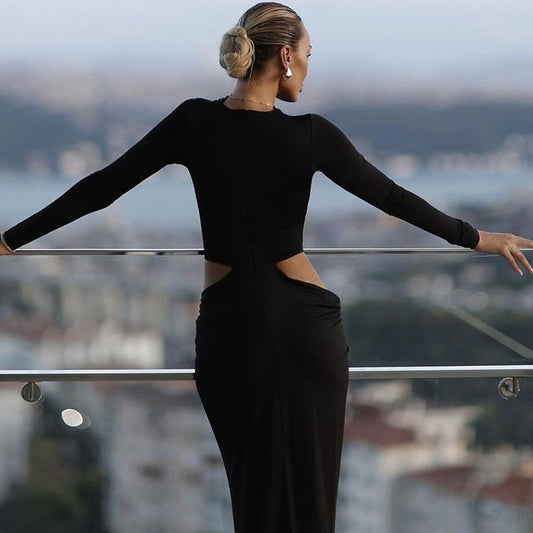 Women's Fashionable Fitted Long Sleeve Midriff Stitching Twist Design Dresses