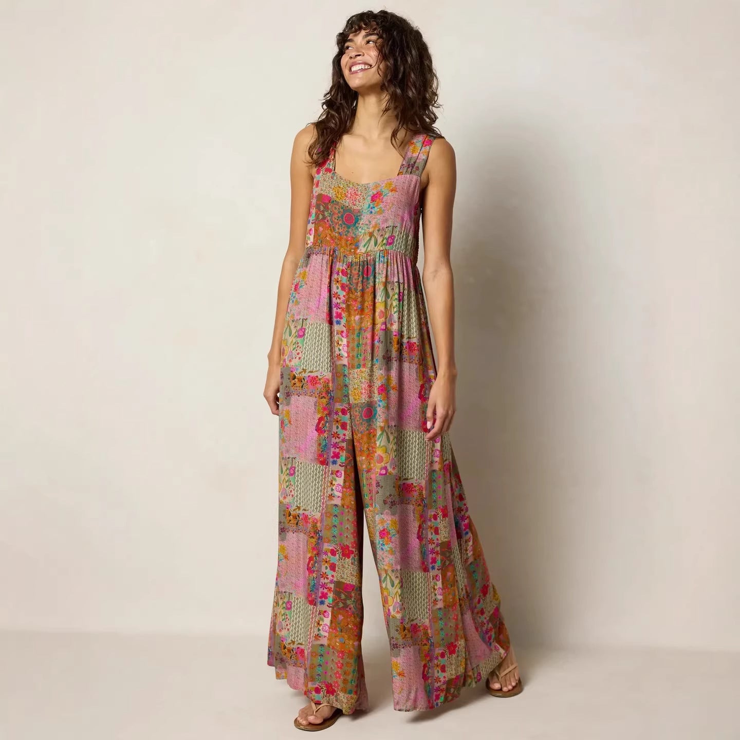 Women's Bohemian Patchwork Retro Sling Wide Leg Stretch Women's Jumpsuit/clothing