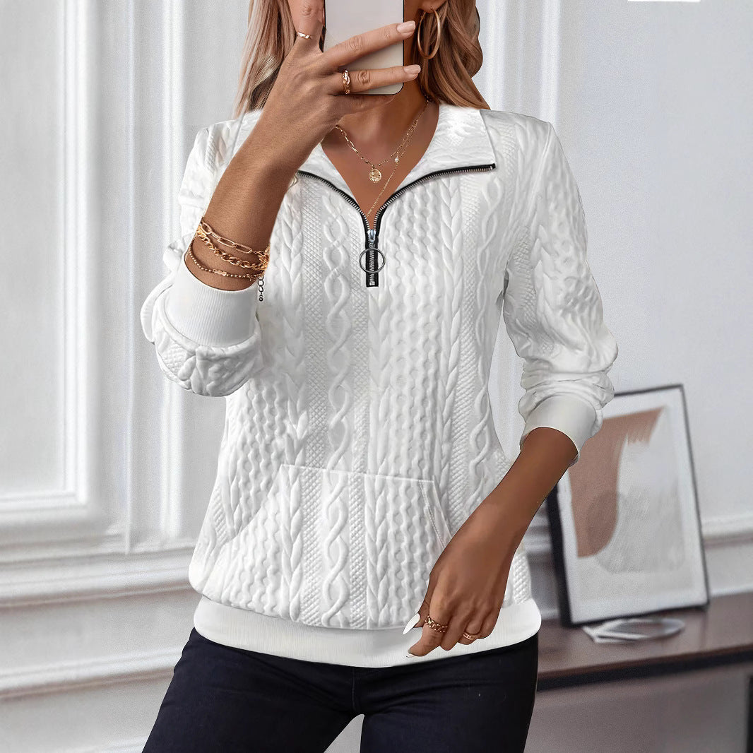 Charming Casual Lapel Sleeve Zipper Pocket Women's Sweater, Sweater