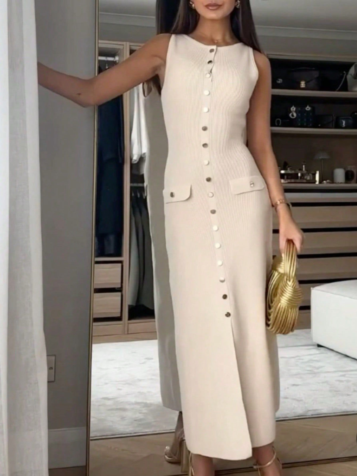 Women's Elegant Knitted Rib Round Neck Sleeveless Button Slim Dress