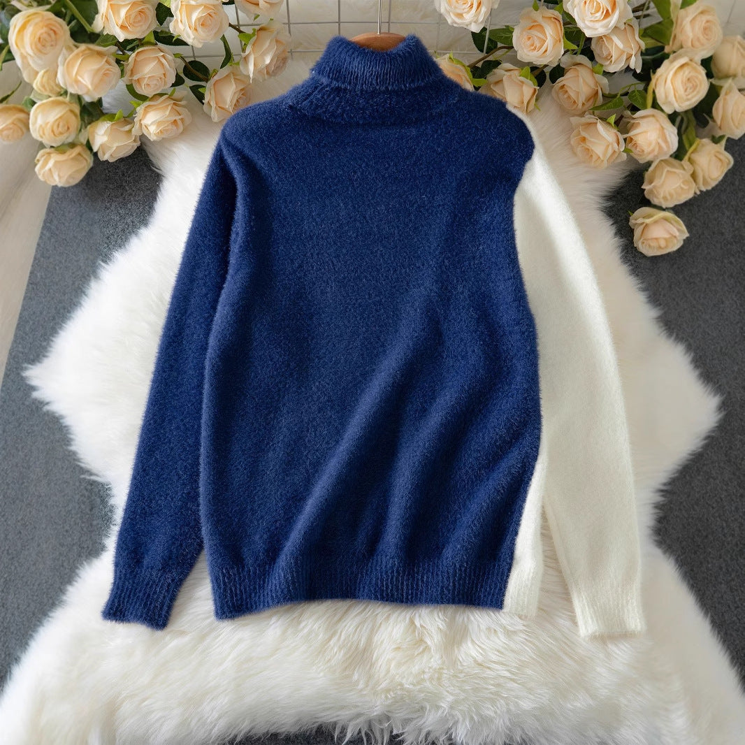 Women's Diagonal Button Design Sense Contrast Color Long Sleeves Sweaters
