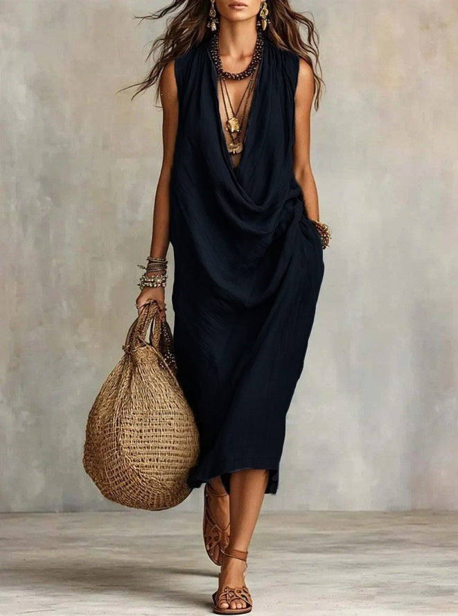 Women's Casual Sleeve Loose Swing Collar Cotton Linen Dress