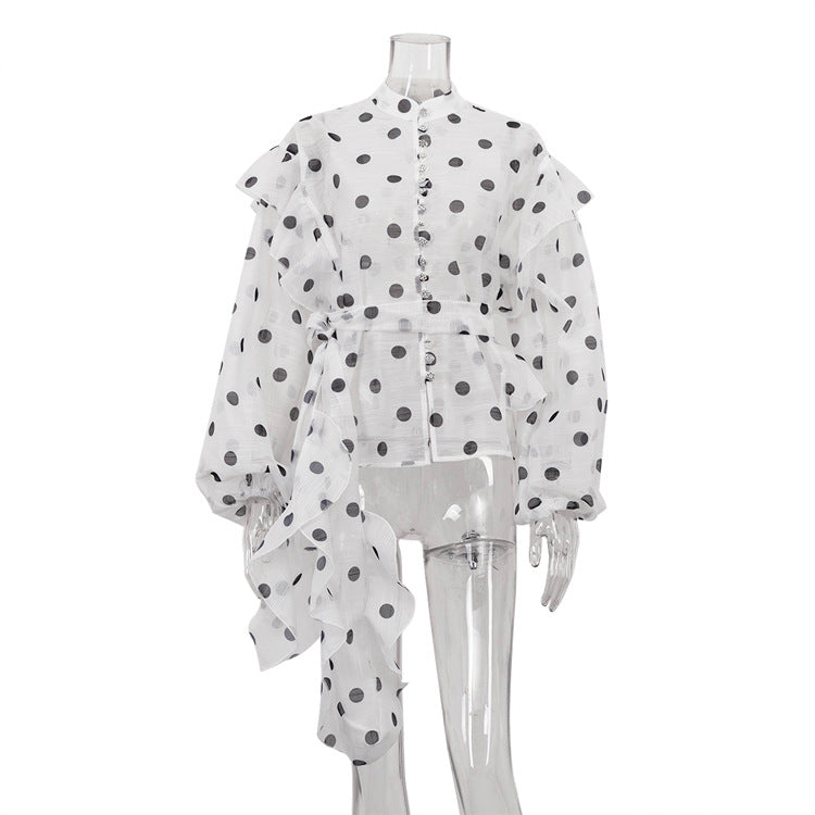 Women's Design Ruffled Strap Polka Dot Shirt Blouses