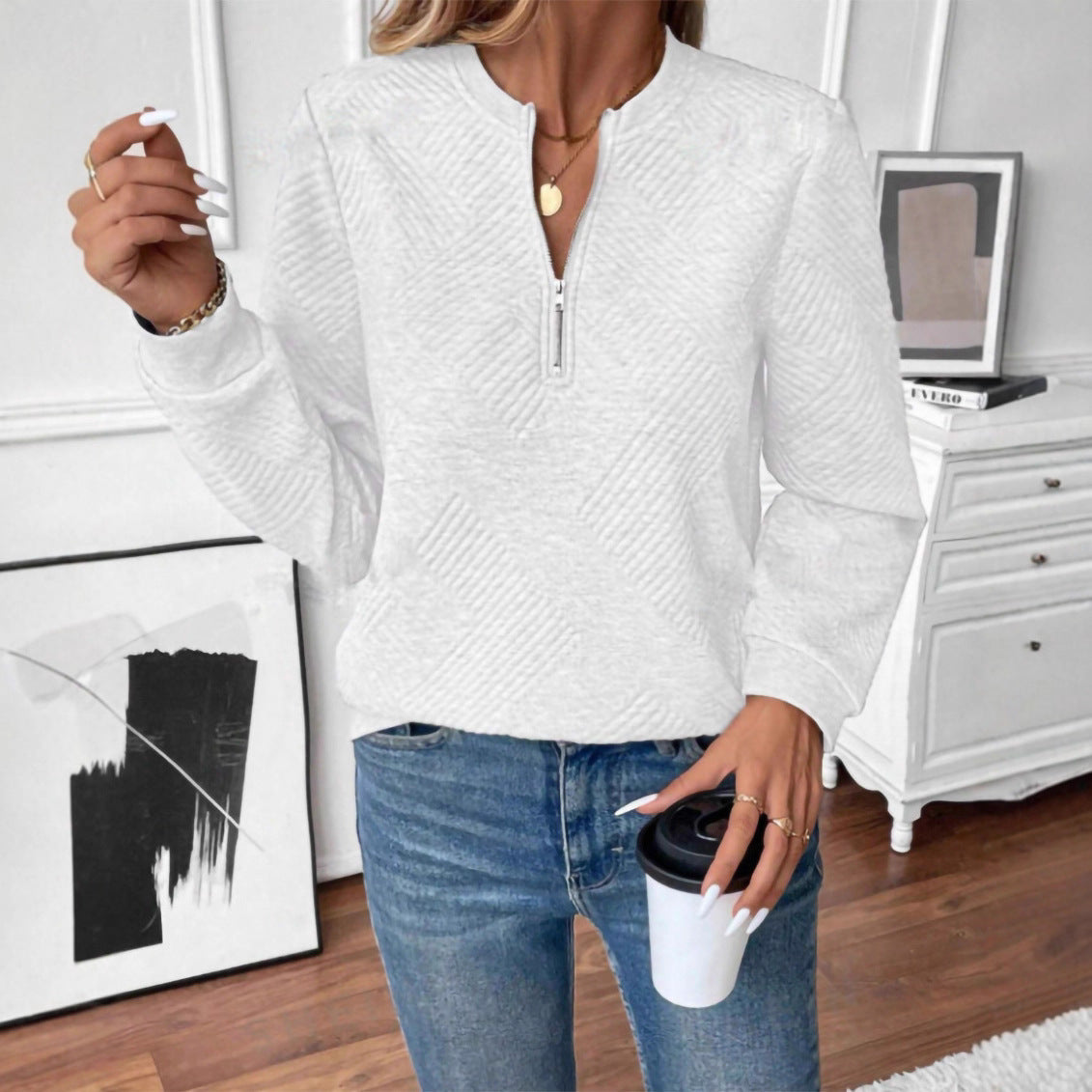 Women's Casual Solid Color Half Open Zipper Loose Pullover Women's Sweater, Sweater