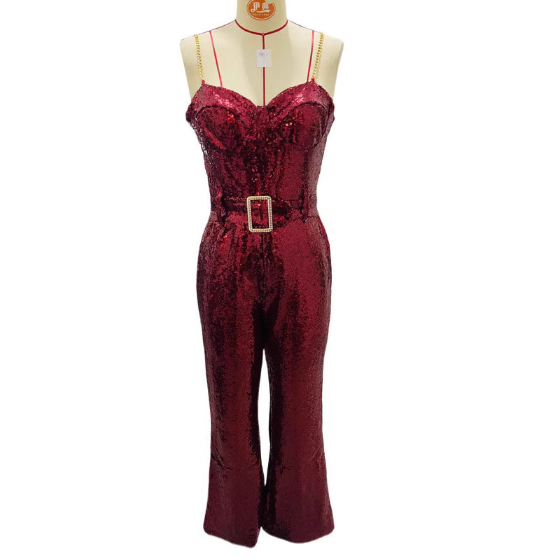 Women's Fashion Sexy Chain Belt Sequins Dress Jumpsuits