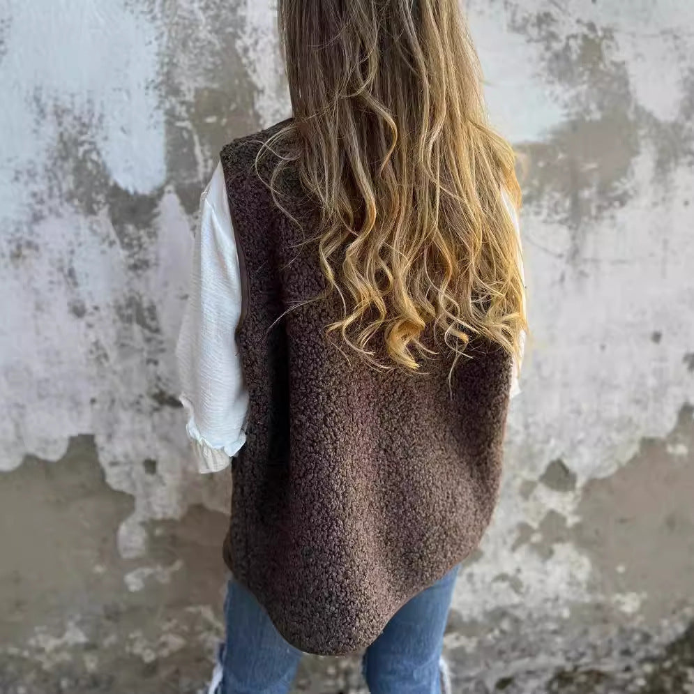 Elegant Innovative Slouchy Creative Fleece Button Women's Vest