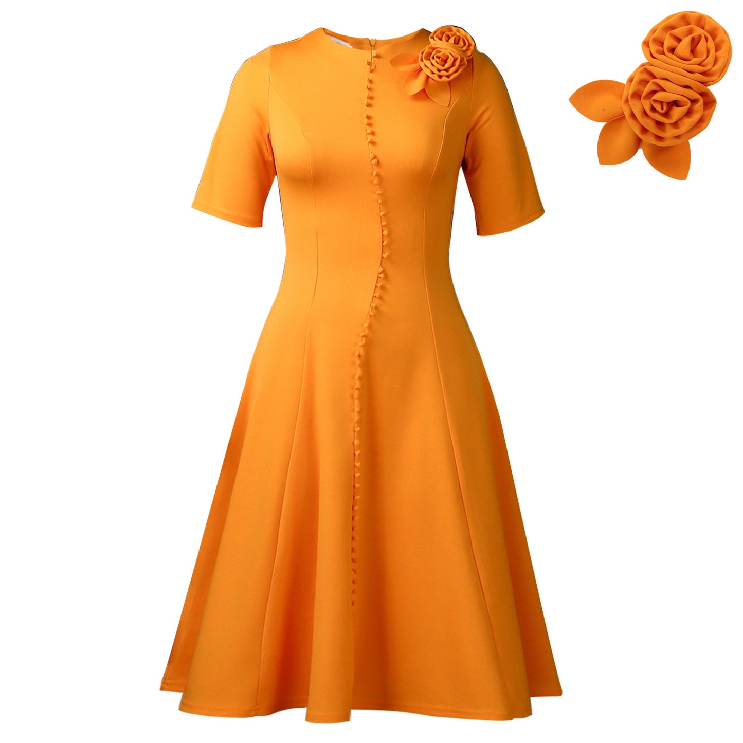 Women's Short-sleeved Solid Color Round Neck Elegant Dresses