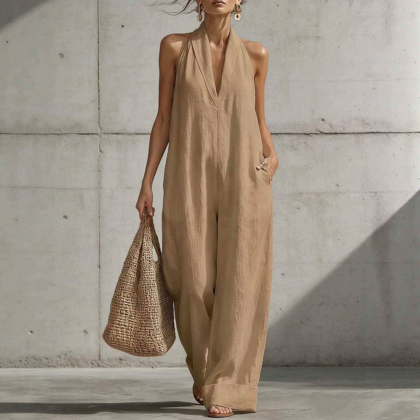 Cotton Linen Simplicity Elegant Sleeveless Casual Jumpsuits
