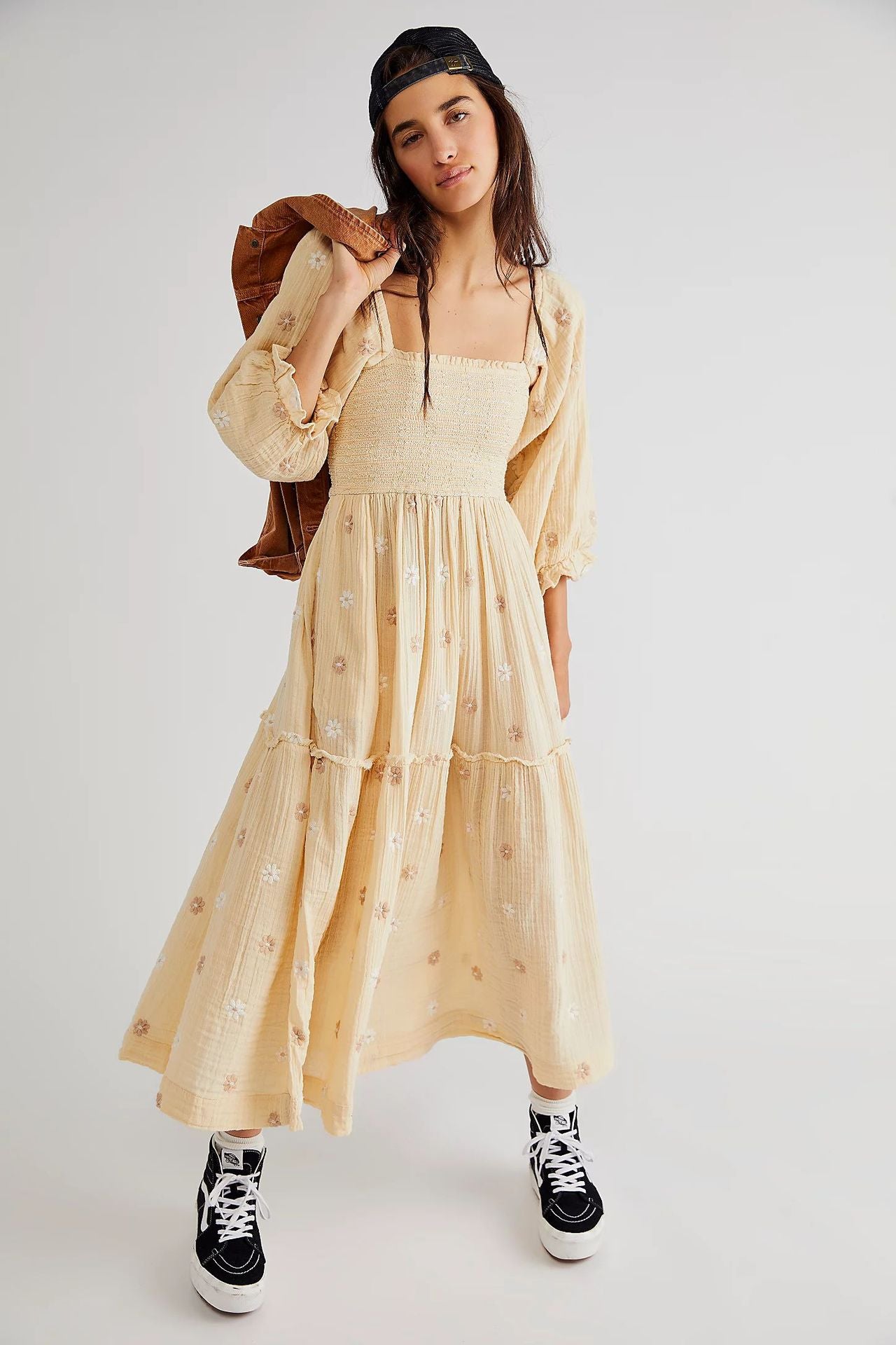 Autumn Casual Bell Sleeve Smocking Embroidered Square Dresses