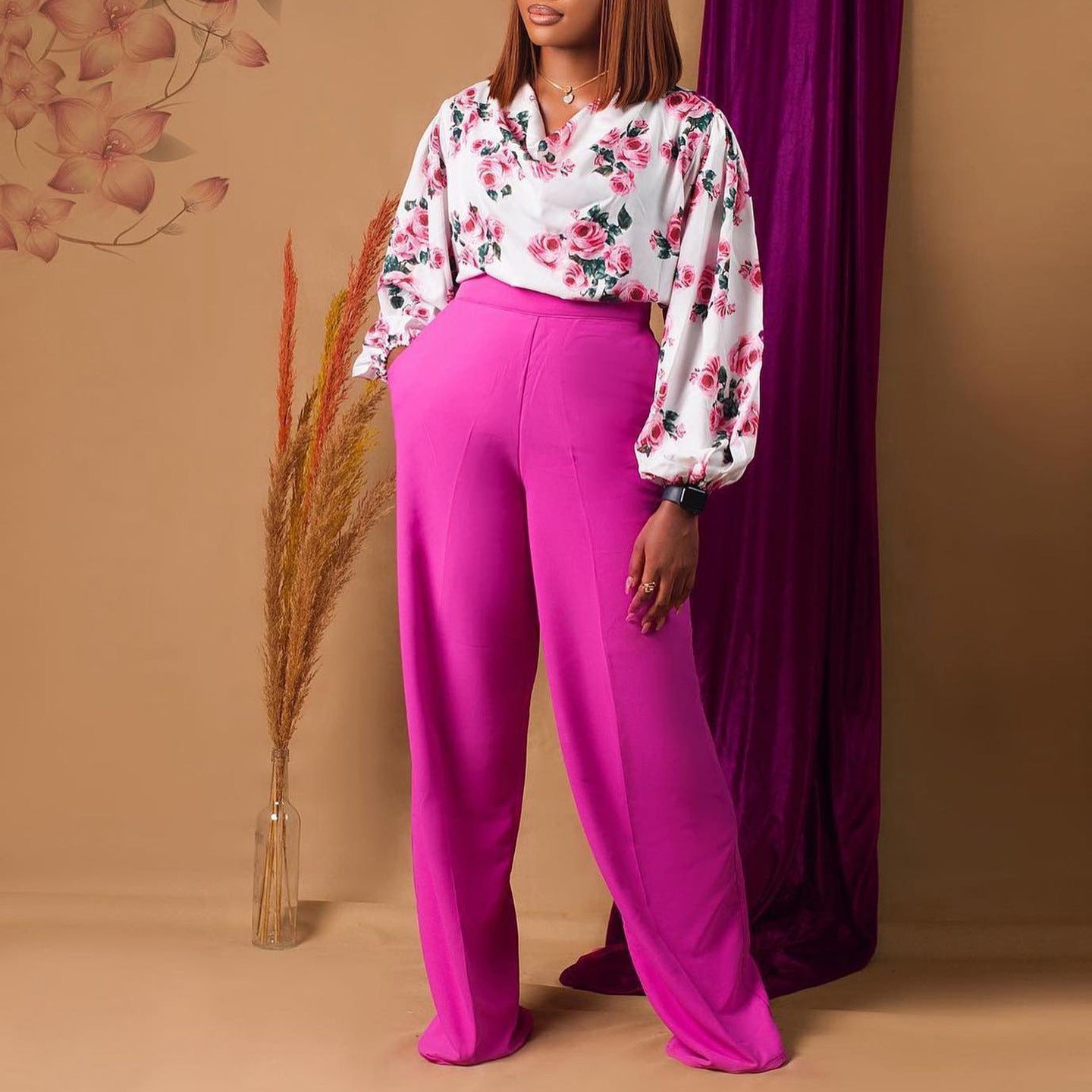 Women's Large Printed Lace Up Wide Leg Pants