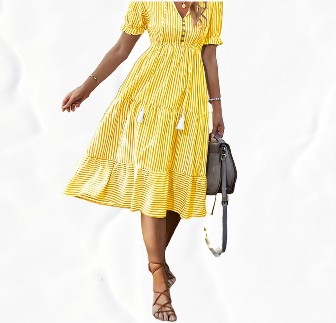 Women's Striped Elastic Waist Sleeve Expandable Dress
