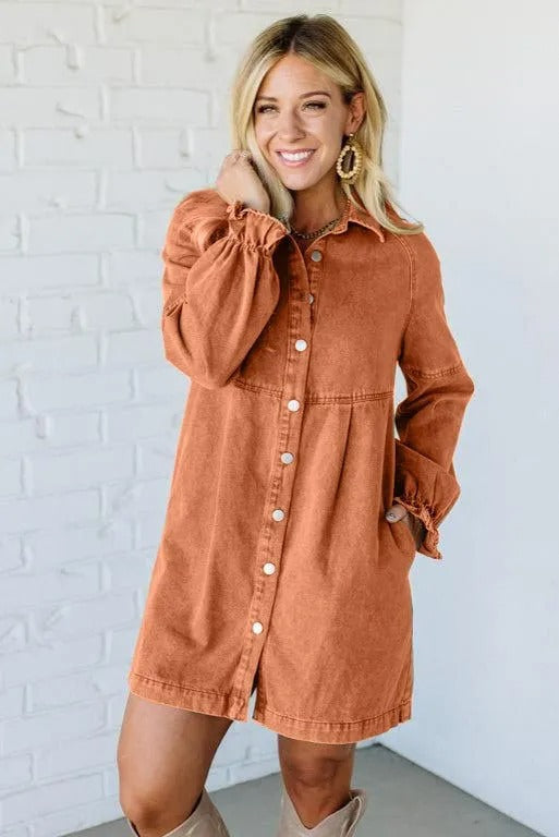 Women's Denim Button Lotus Leaf Long Sleeve Loose Dresses