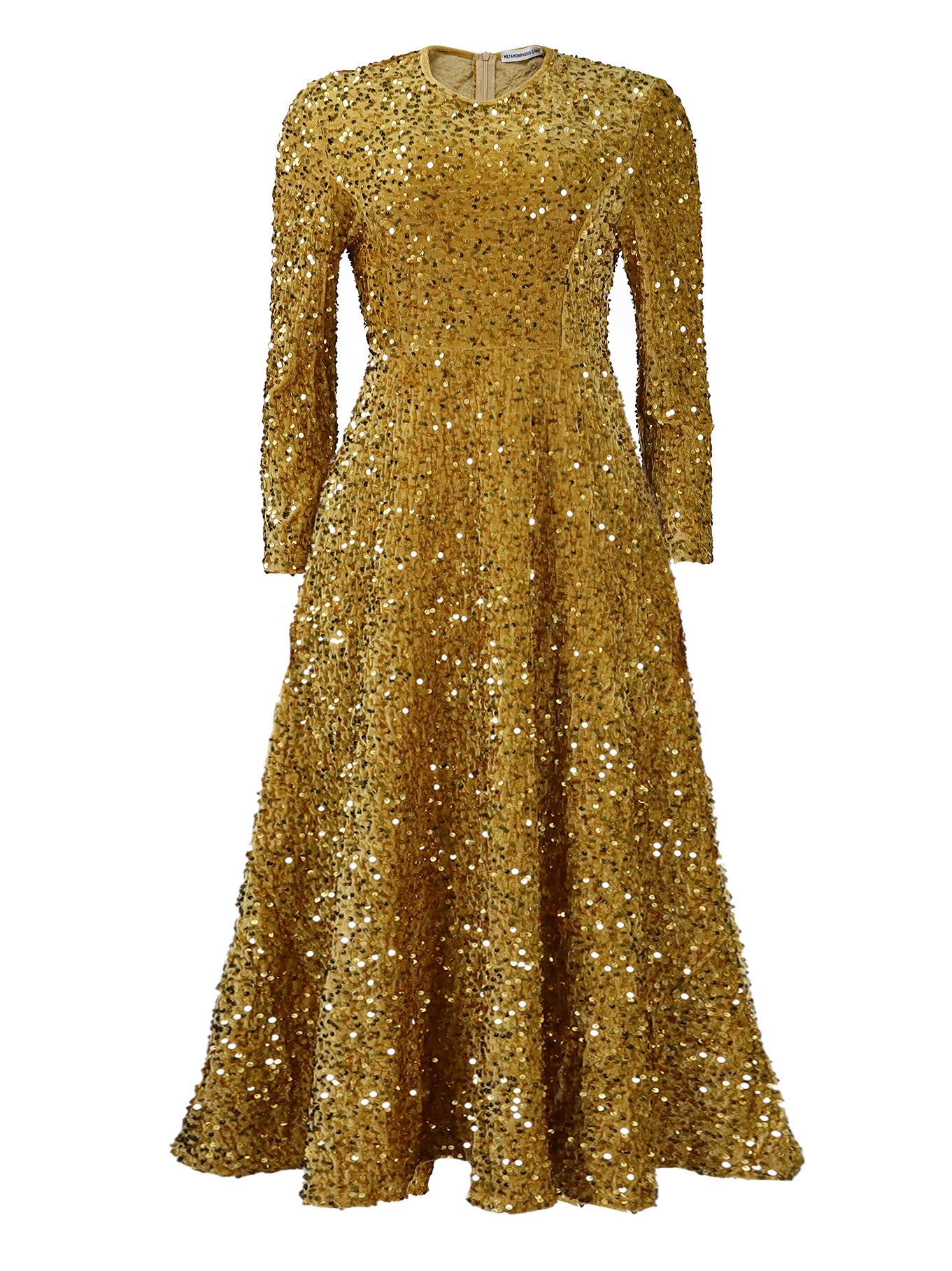 Women's Neck Long Sleeve Pure Color Sequins High Waist Temperament Mid-length Dress