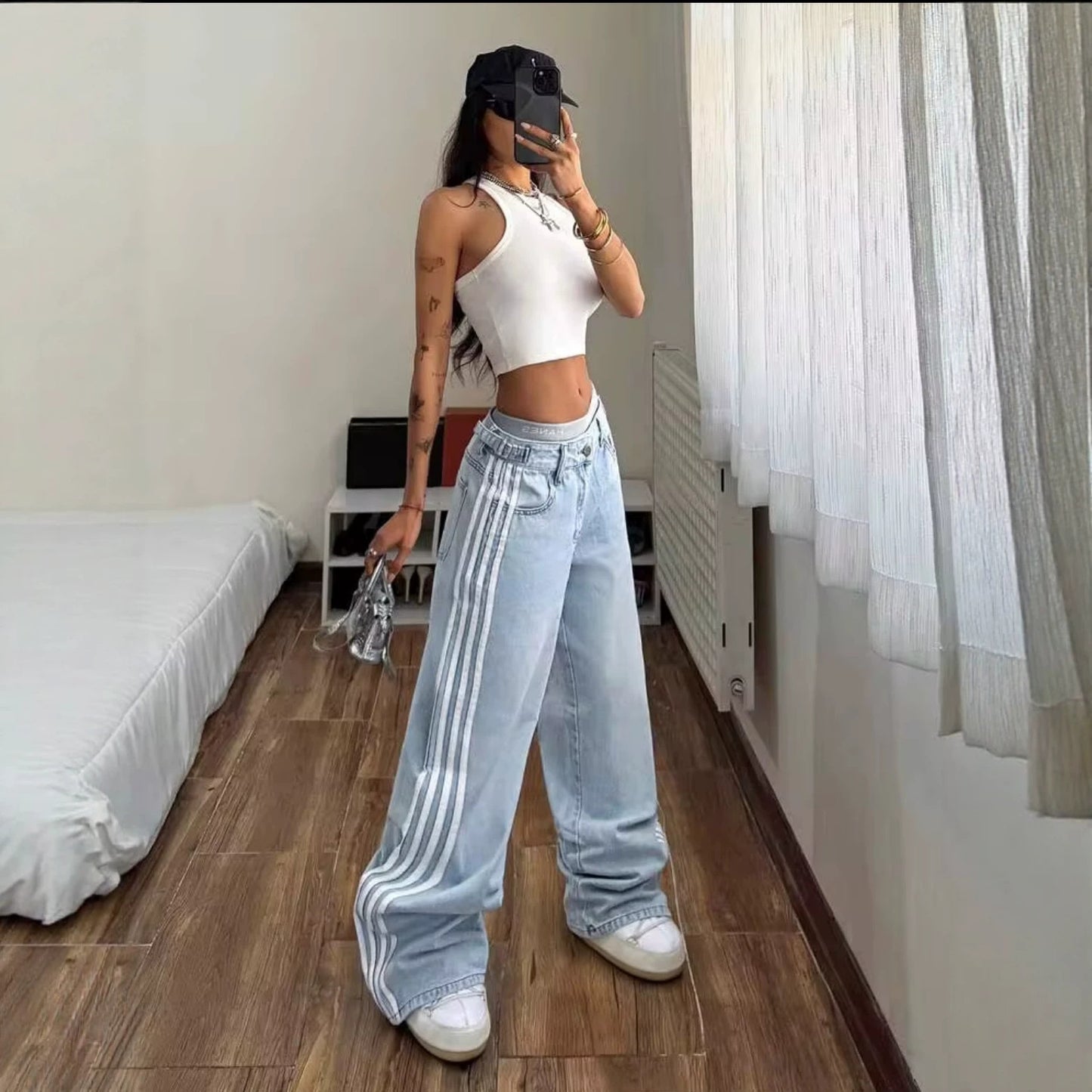 Women's Retro Trendy Fashion Casual Striped Trousers Women's Jeans