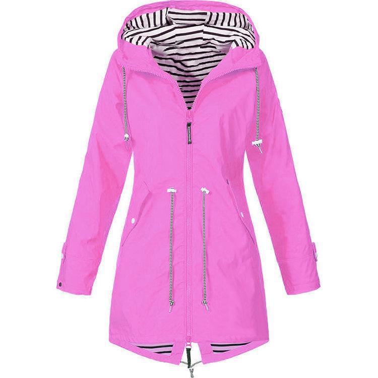 Women's Full Striped Shell Hooded Outdoor Raincoat Plus Size